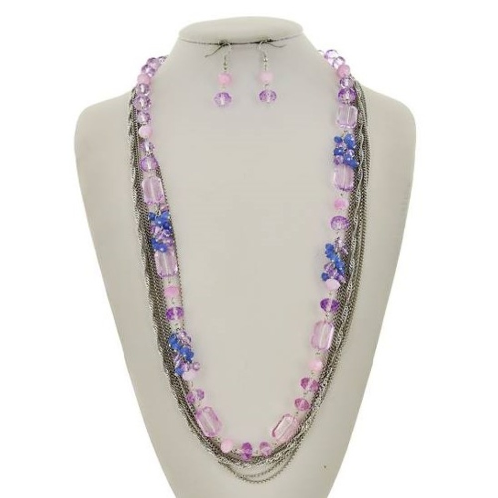 Purple/Silver Multi Strand Necklace & Earring Set